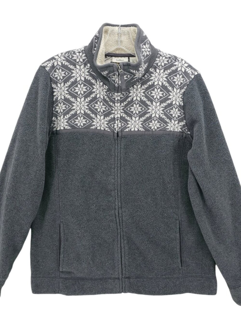 LL BEAN Womens Gray Fair Isle Snowflake Full Zip Fleece Jacket 284061 LARGE